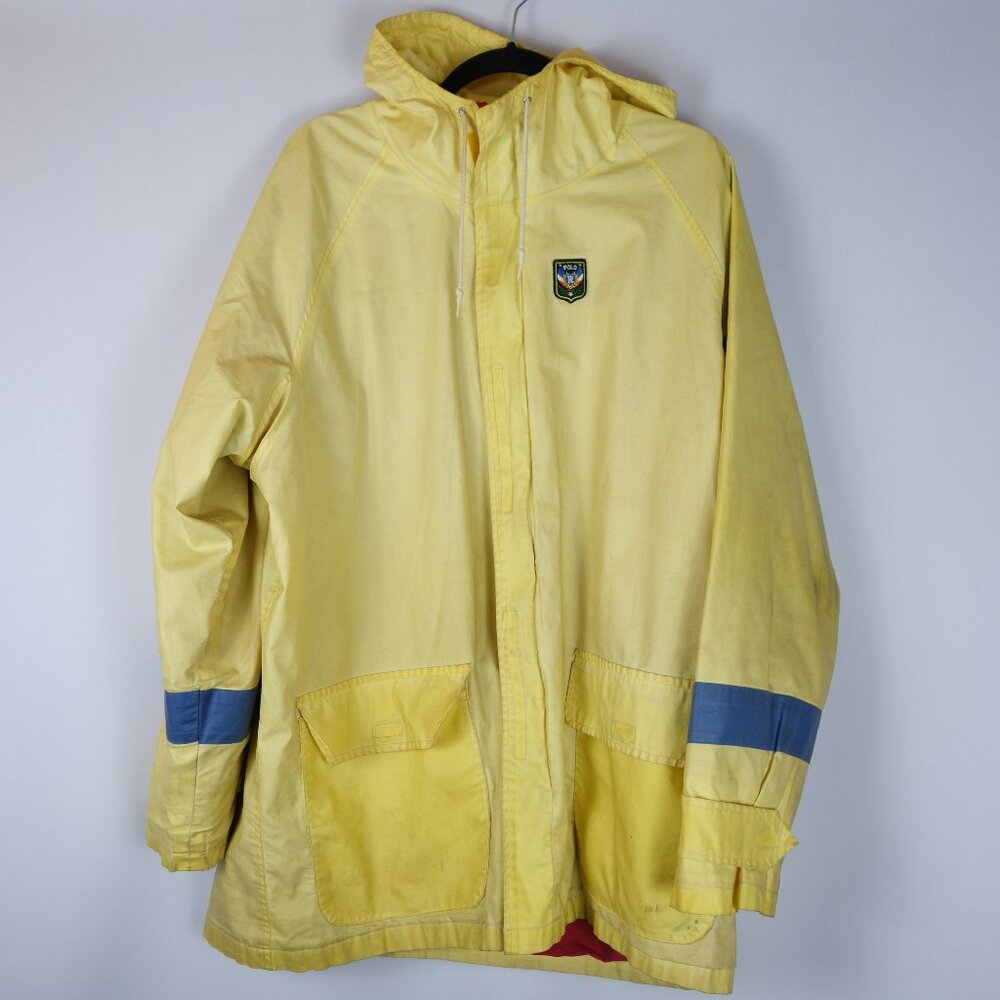 Vintage Ralph Lauren Embroidered Fireman Rain Jacket w/ Red Lining, Size Large